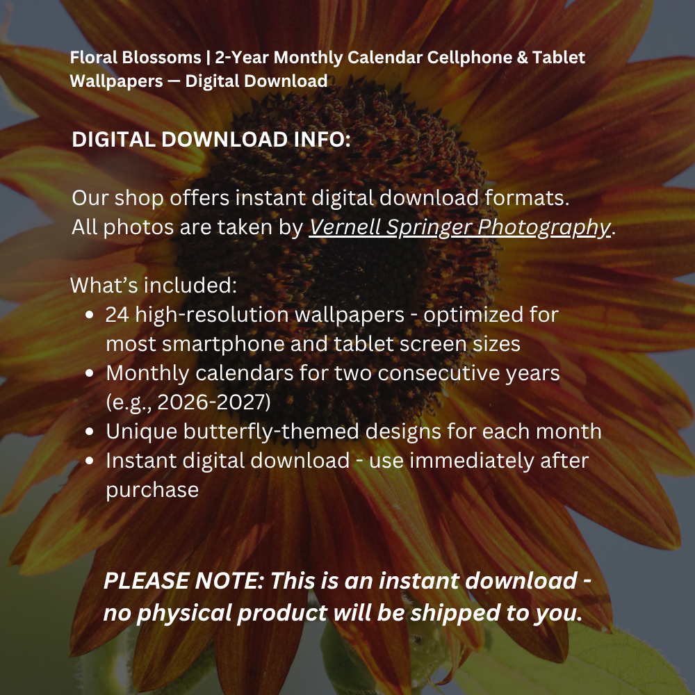 Floral Planner | 2-Year Monthly Calendar Cellphone & Tablet Wallpapers — Digital Download