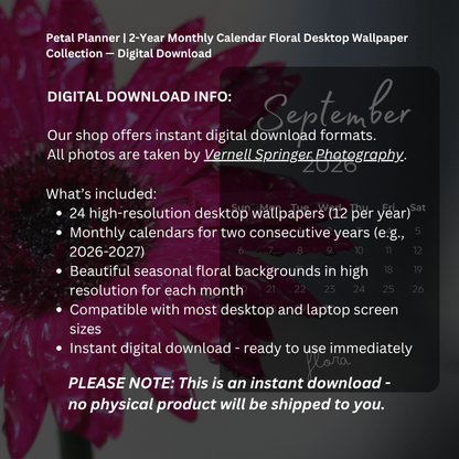 Petal Planner | 2-Year Monthly Calendar Desktop Wallpaper Collection — Digital Download